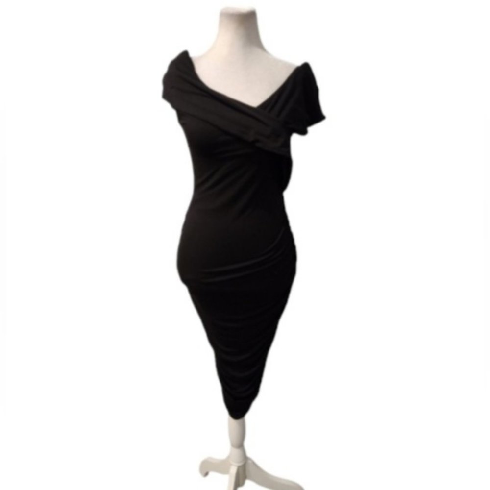 Maternity Stork & Babe Black Midi Dress with Wrap Front Bodice & Rouching Detail